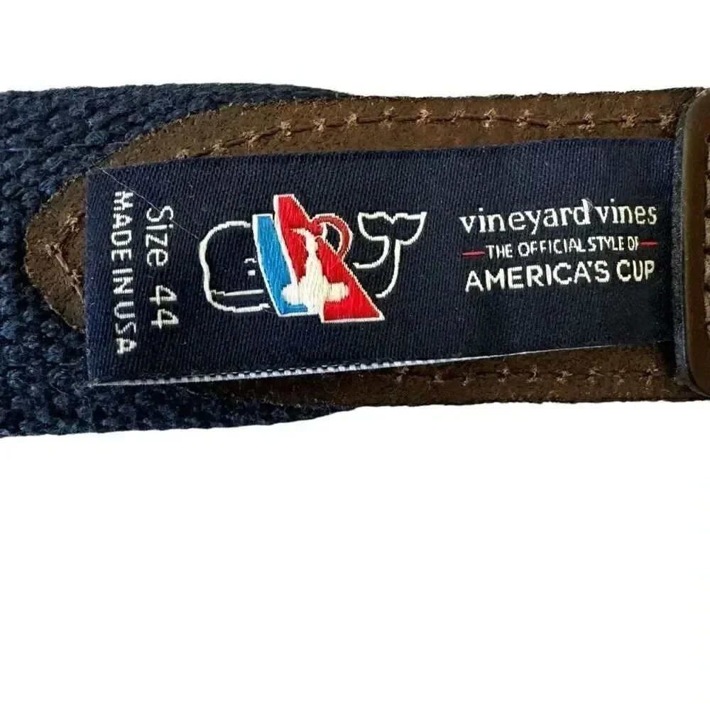 Vineyard Vines America’s Cup Navy Sailboats Canvas Club Belt Brown Leather SZ 44